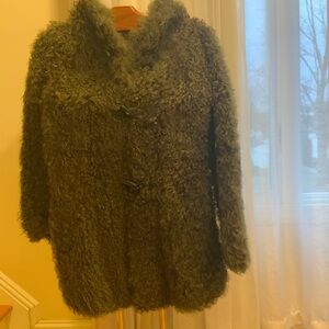Sherry Cassin Olive Faux Curly Fur Teddy Coat AS IS